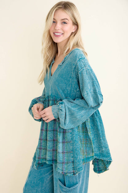 MineralWashed Flannel Eyelet Patch Babydoll Blouse