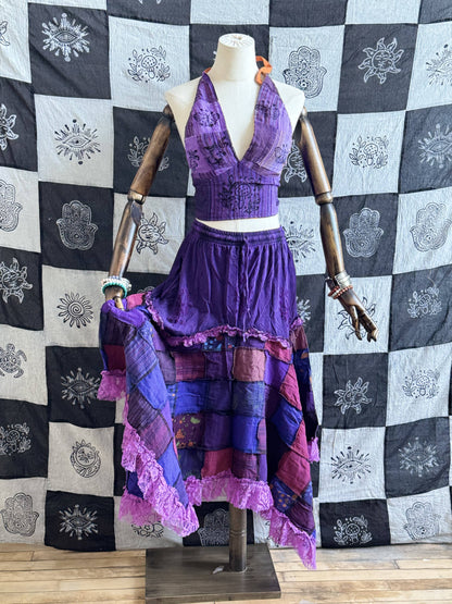Patchwork Asymmetrical Flowy Skirt with Lace