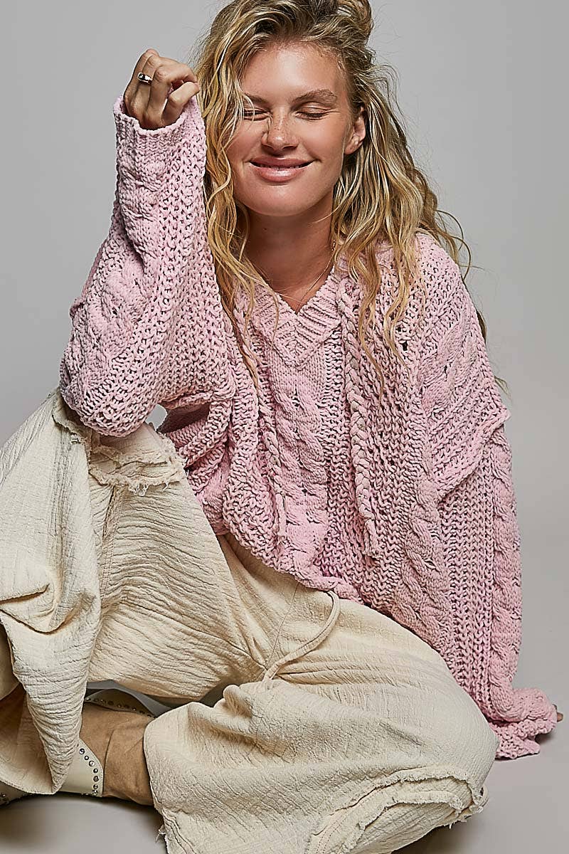 Hooded Cable Knit Chenille Sweater