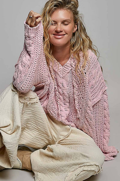 Hooded Cable Knit Chenille Sweater