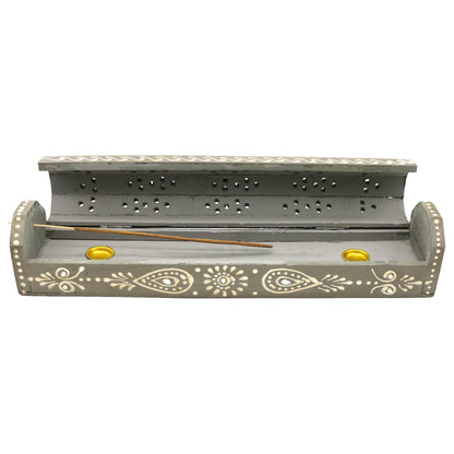 Gray Hand Painted Wooden Incense Box (12 in.)