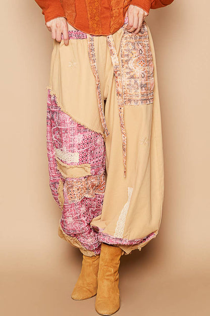 Floral print patchwork twill Jogger pants