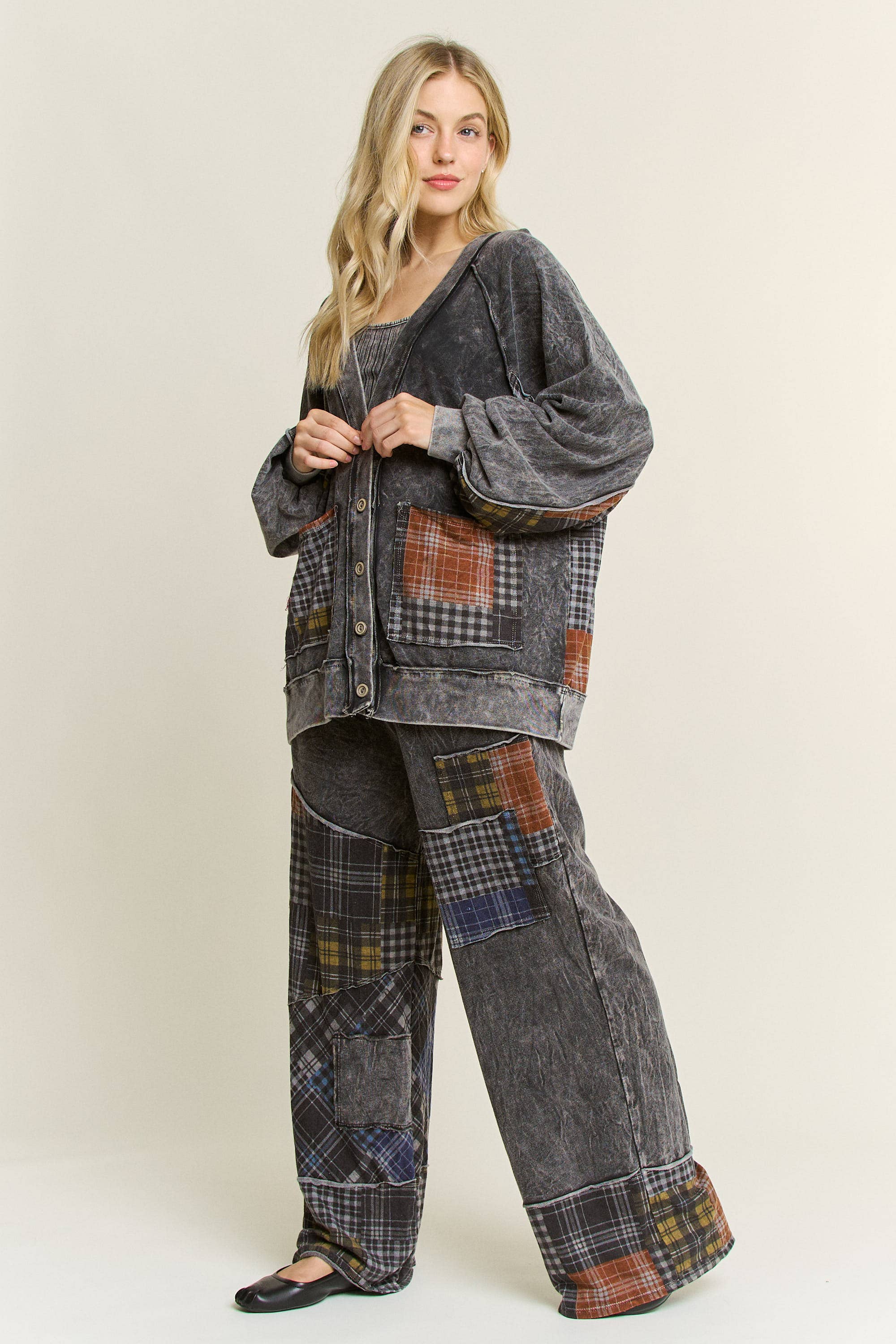 Mineral Washed Boho Plaid Patchwork Wideleg Pants
