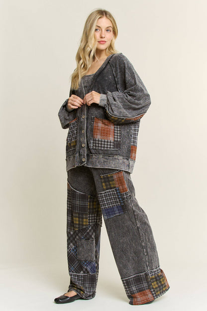 Mineral Washed Boho Plaid Patchwork Wideleg Pants