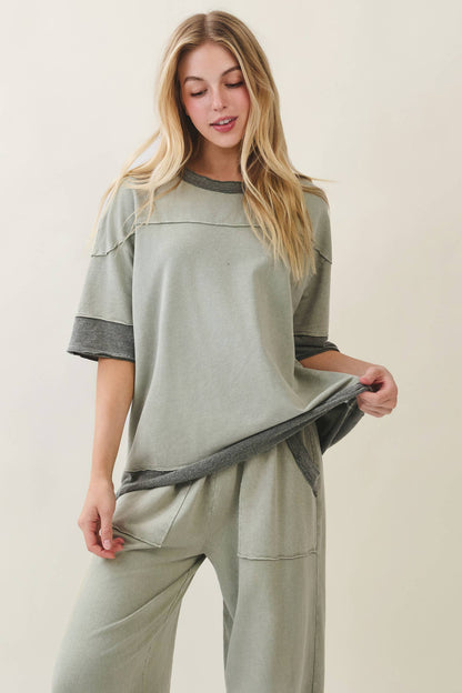 Mineral Washed Contrast Block Terry Top