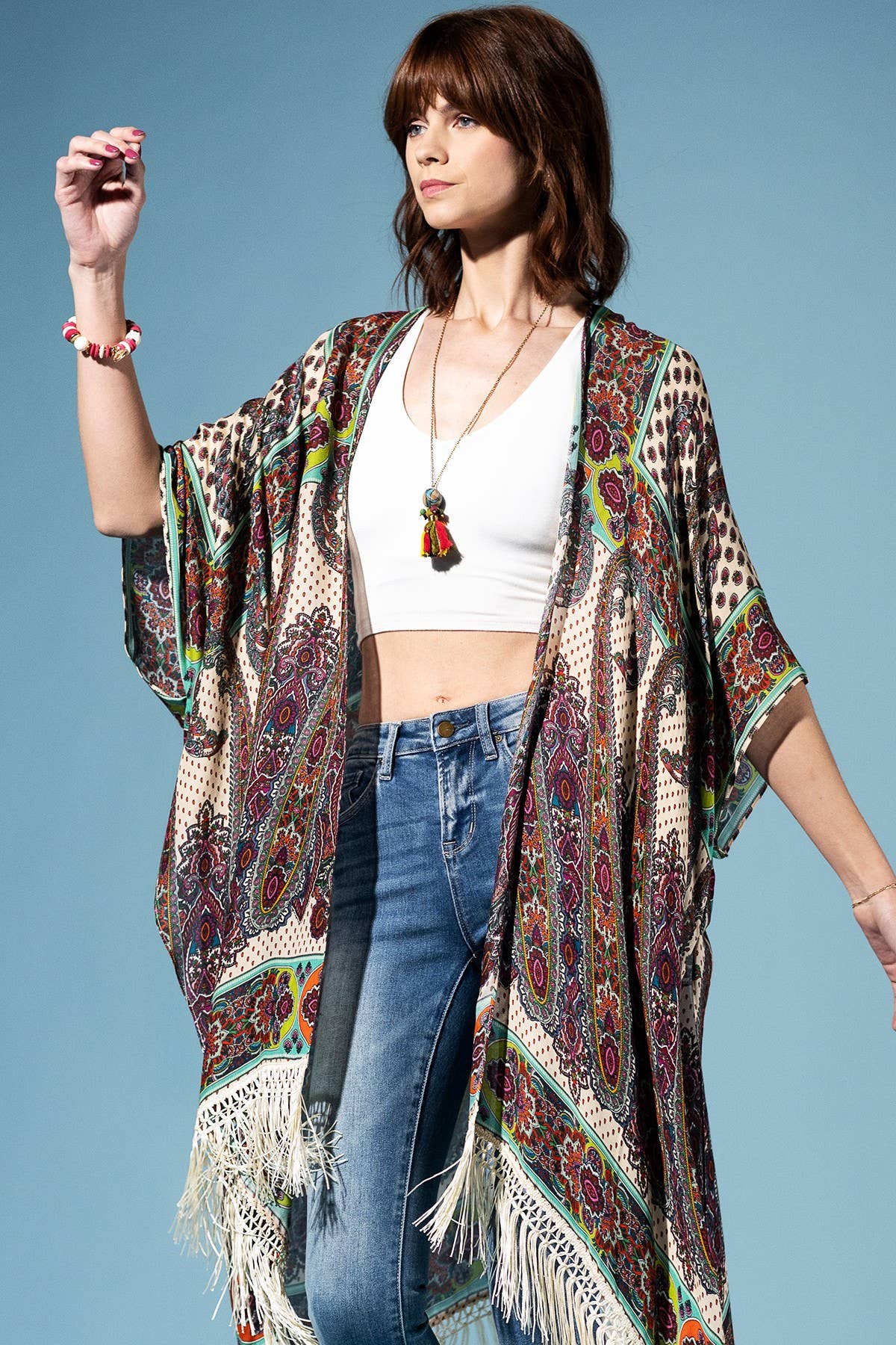 Verdant Terra Mosaic Fringe Kimono