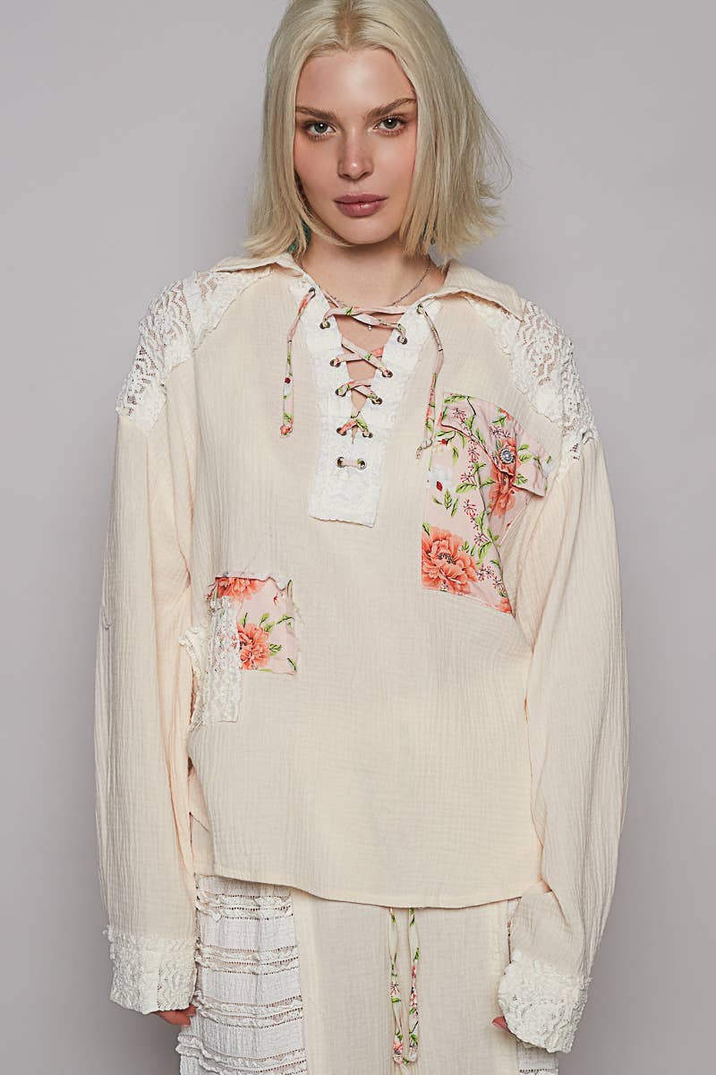 V-neck Contrast Double Gauze Top