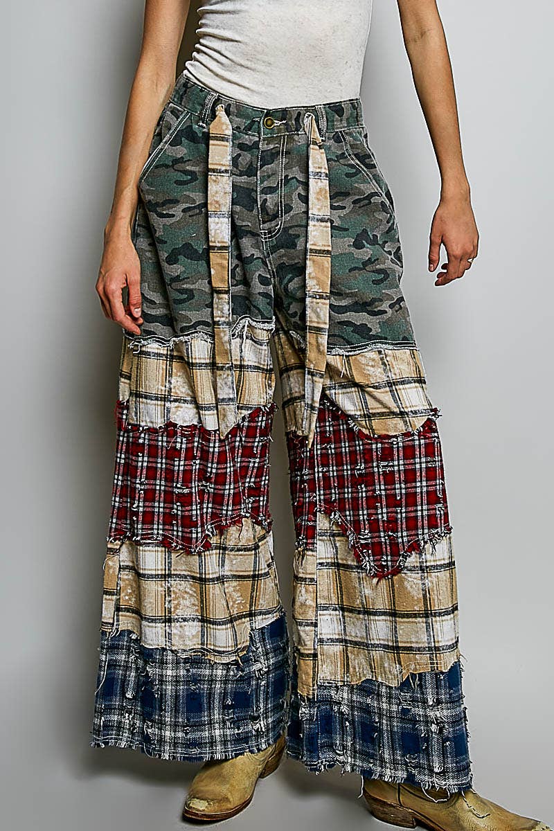 Patchwork Buckle Back Woven Pants