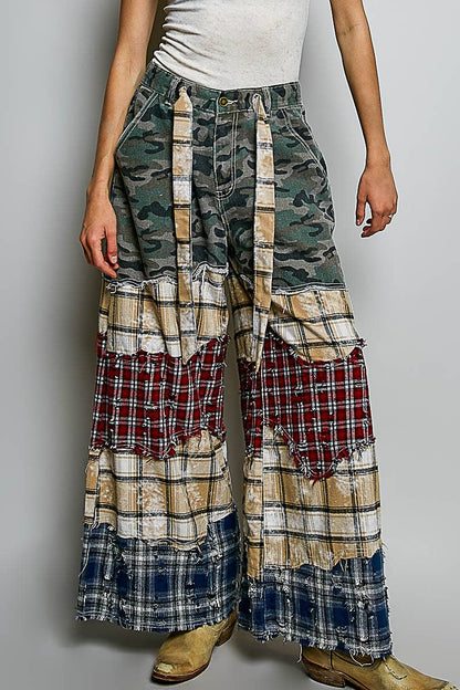 Patchwork Buckle Back Woven Pants