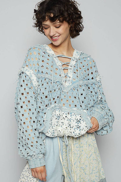 Long sleeve contrast lace crochet hooded top