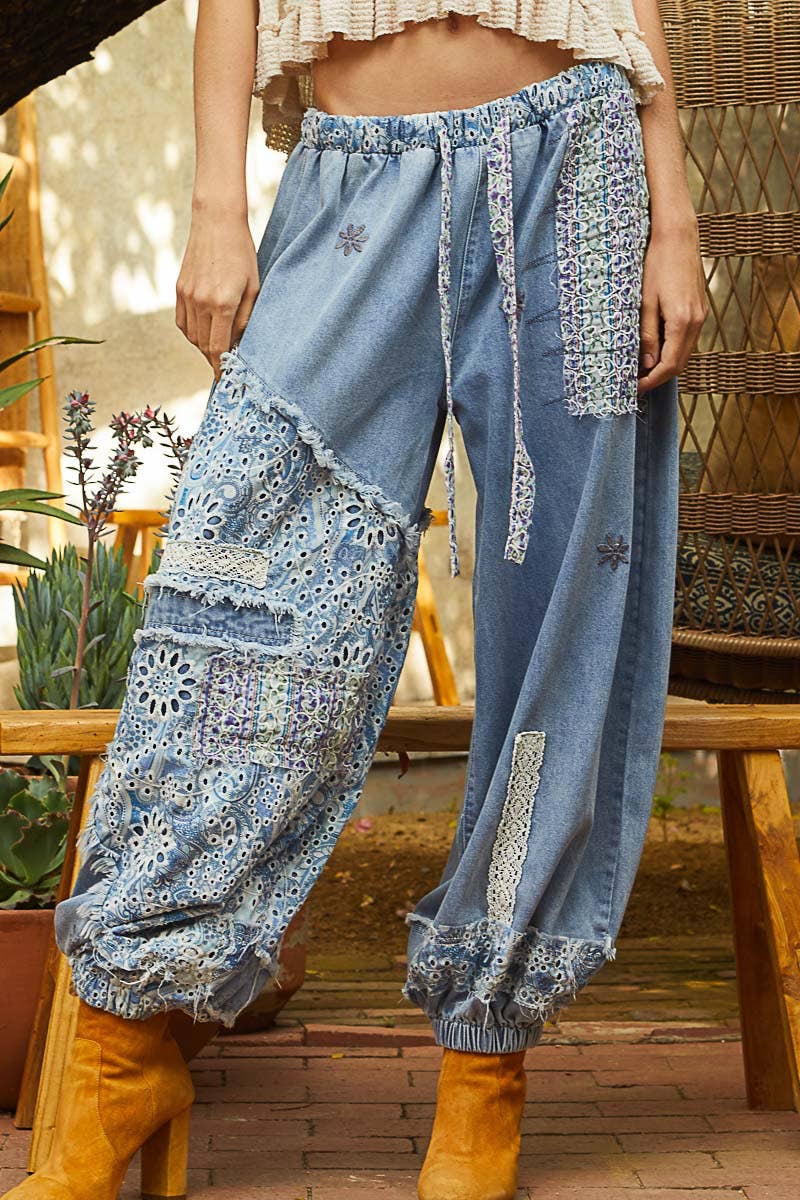 Floral print patchwork twill Jogger pants