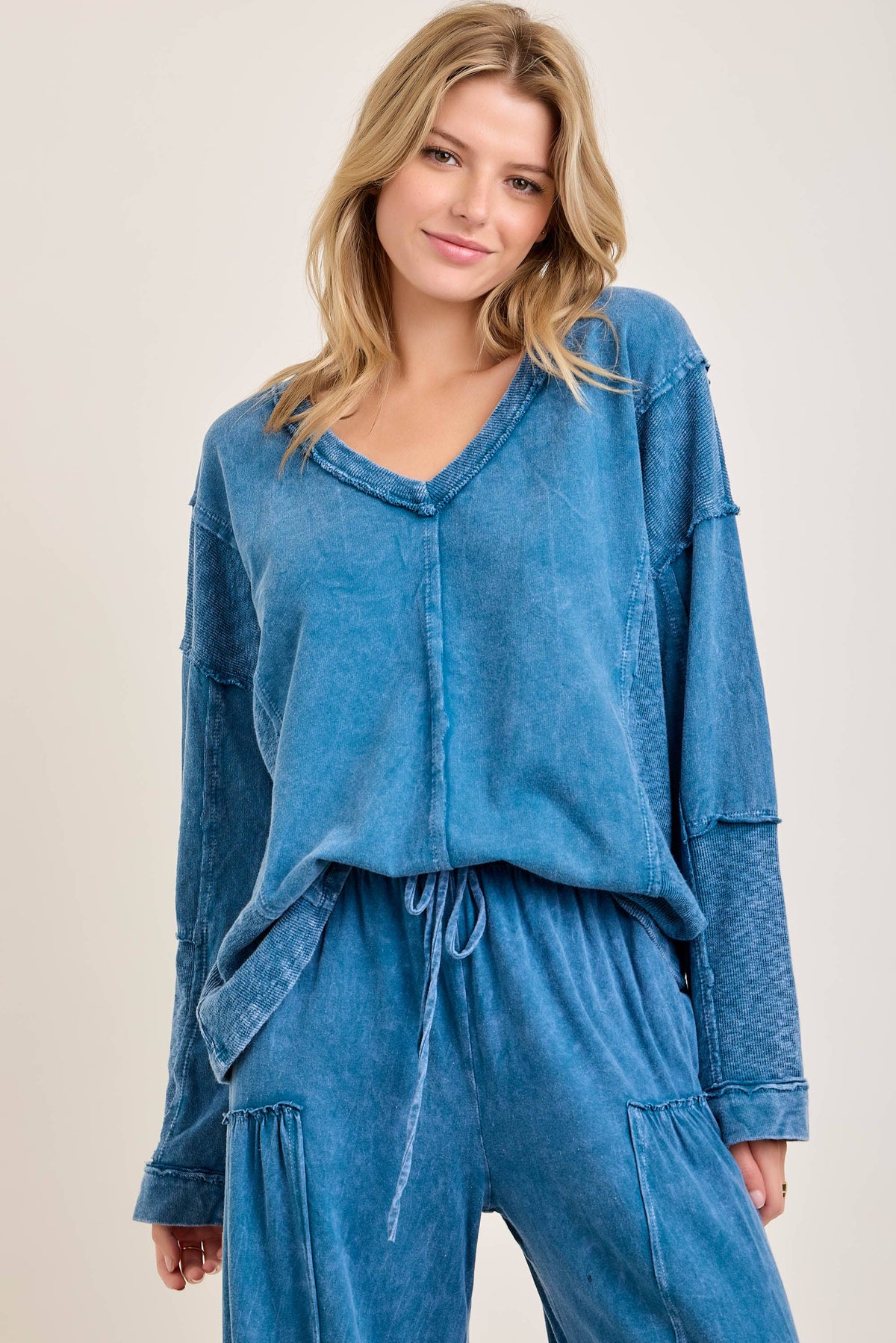 Mineral Washed Sweater Weather Vneck Knitted Top
