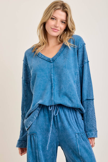 Mineral Washed Sweater Weather Vneck Knitted Top
