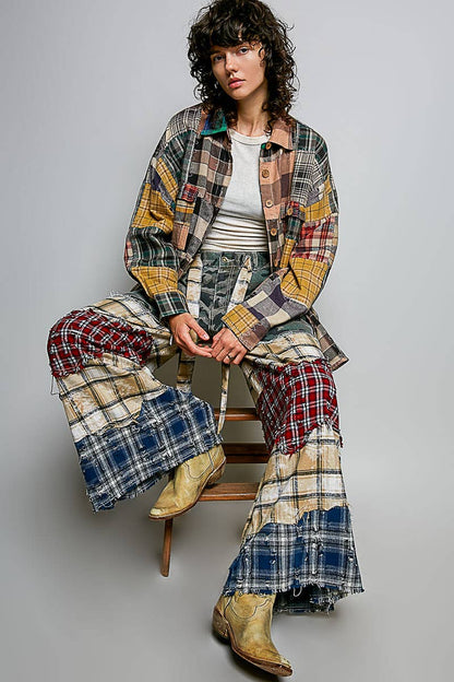 Patchwork Buckle Back Woven Pants