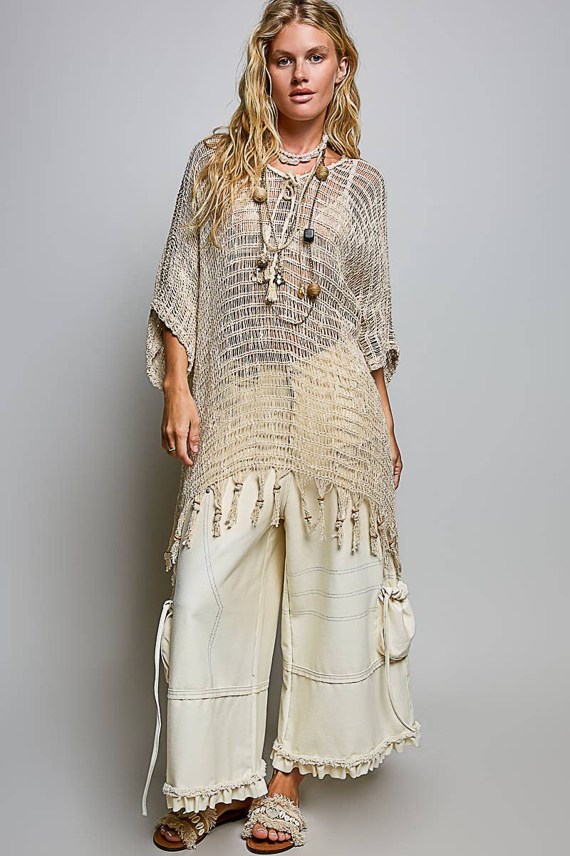 Open Knit Tassel Fringe Poncho Top