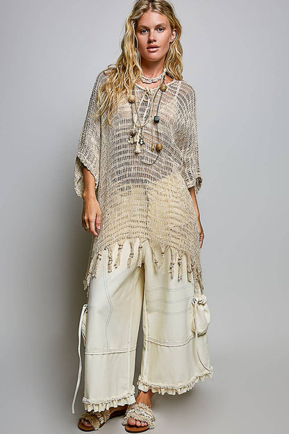 Open Knit Tassel Fringe Poncho Top