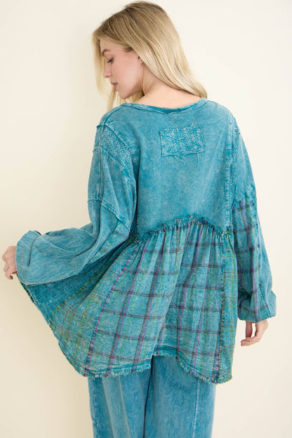 MineralWashed Flannel Eyelet Patch Babydoll Blouse