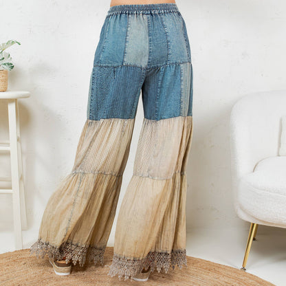 Boho-Inspired Long Denim Pants with Solid Patches