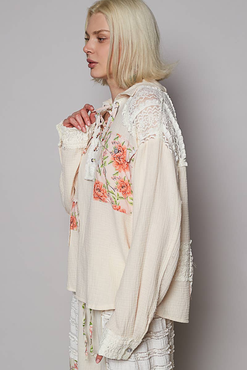 V-neck Contrast Double Gauze Top