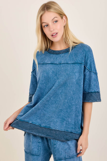 Mineral Washed Contrast Block Terry Top