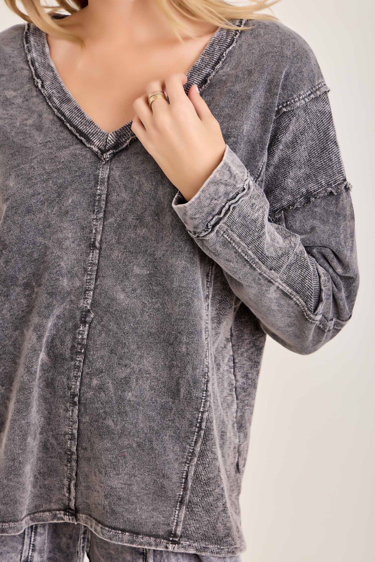 Mineral Washed Sweater Weather Vneck Knitted Top