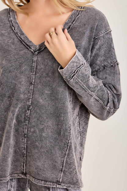 Mineral Washed Sweater Weather Vneck Knitted Top