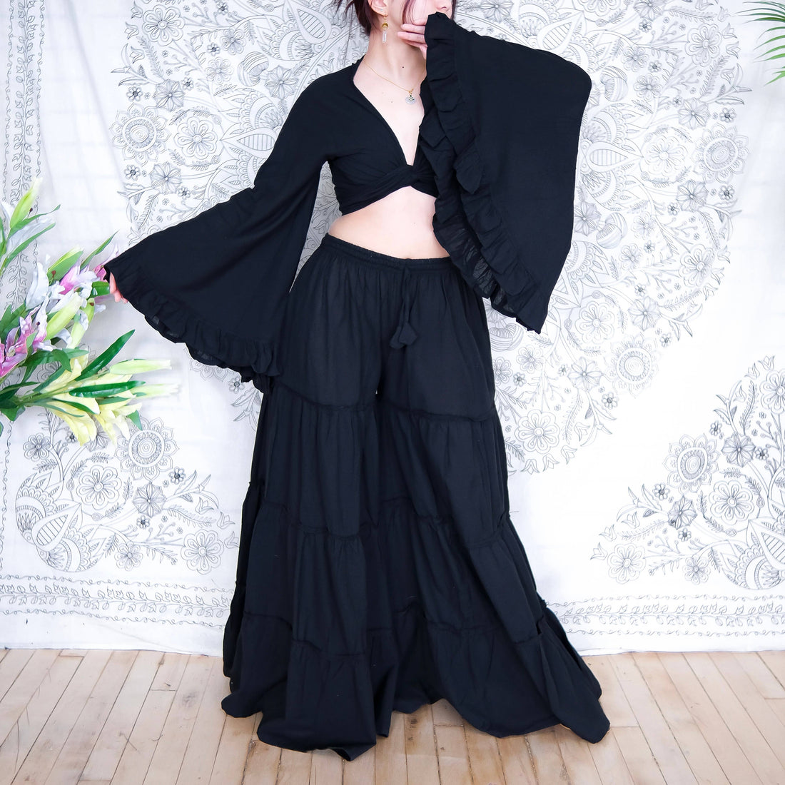 Cotton Flowy Tiered Pant with Ruffle Sleeve Set