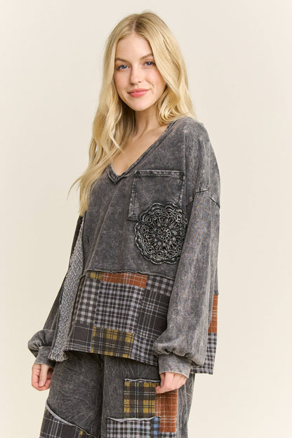Mineral Washed Plaid Patched Doily Vneck Top