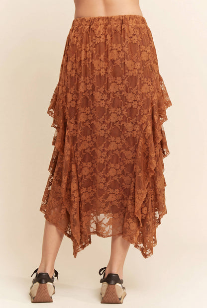 Sheer Floral Lace Ruffle Skirt