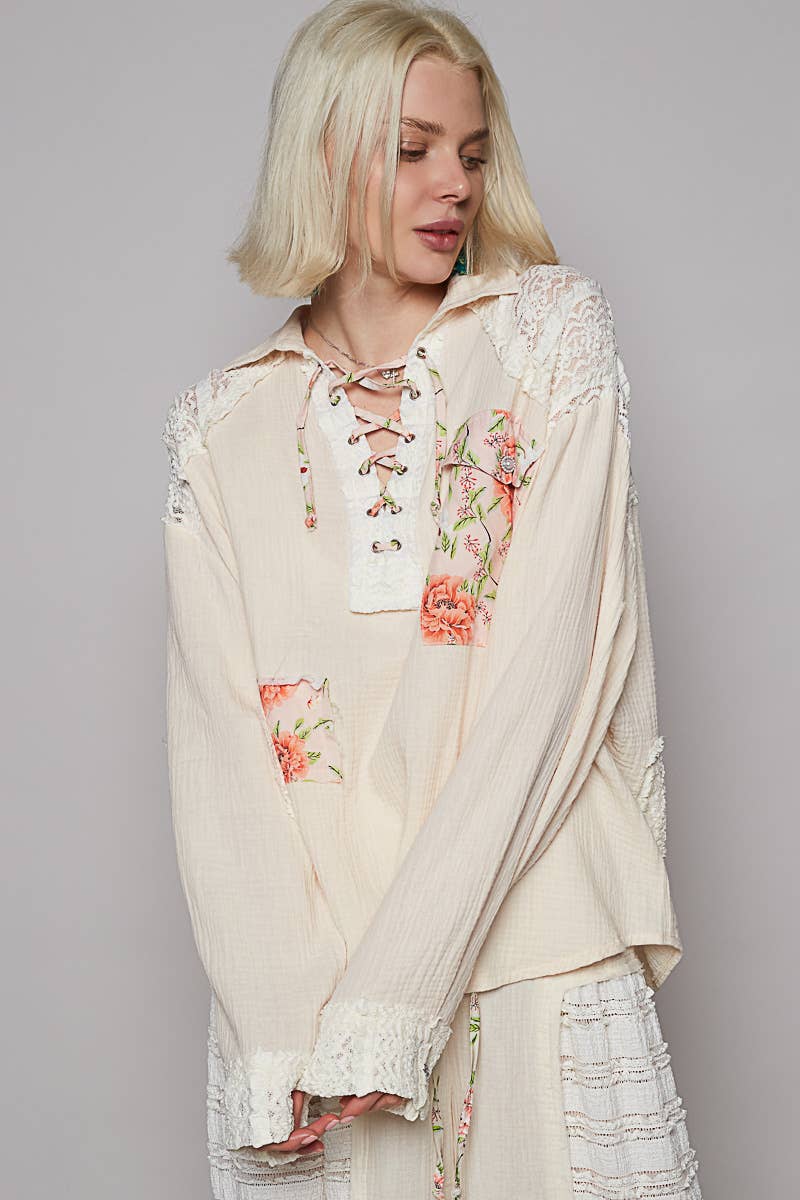 V-neck Contrast Double Gauze Top