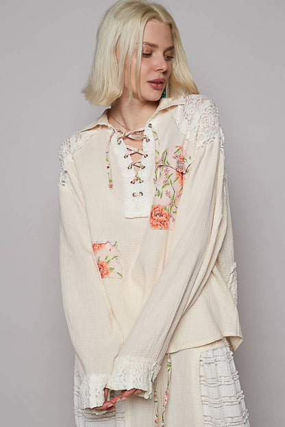 V-neck Contrast Double Gauze Top