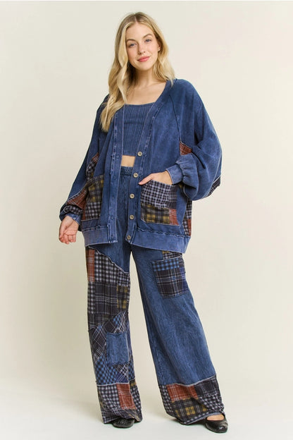 Mineral Washed Boho Plaid Patchwork Wideleg Pants