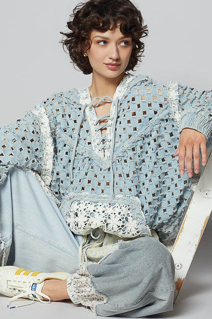 Long sleeve contrast lace crochet hooded top