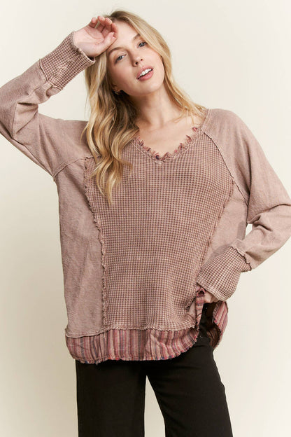 Mineral Wash Frayed Stripe Waffle Melangie Knittop