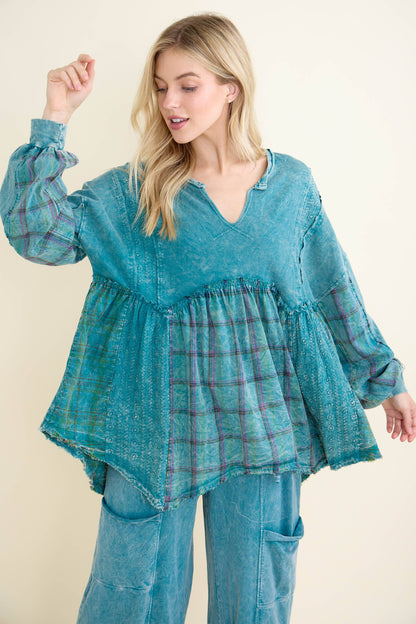 MineralWashed Flannel Eyelet Patch Babydoll Blouse
