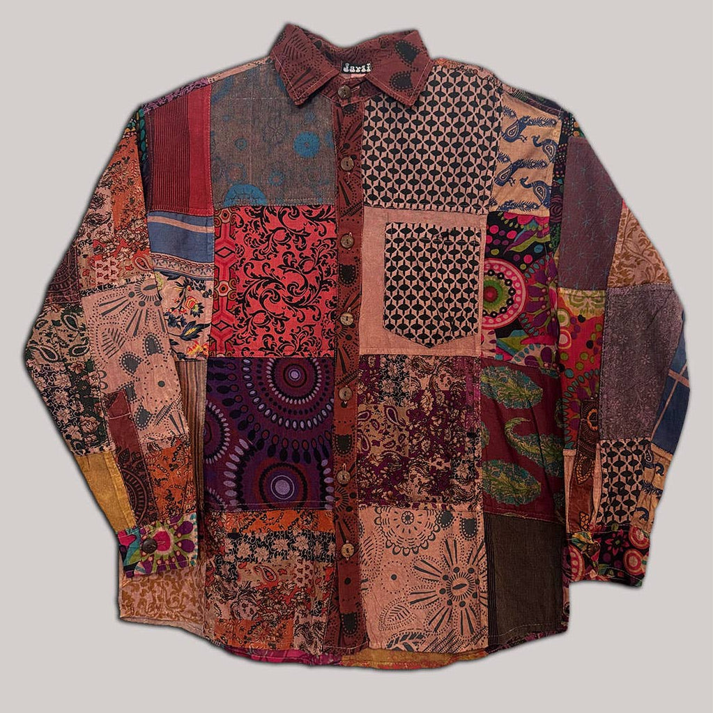 Patchwork shirt with various patterns on a plain background