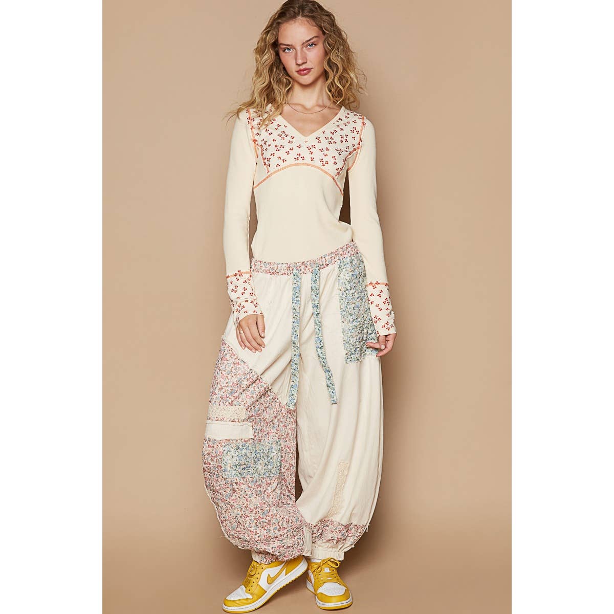 Floral print patchwork twill Jogger pants