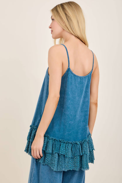 Mineral Washed Tiered Lace Cami Tank Top