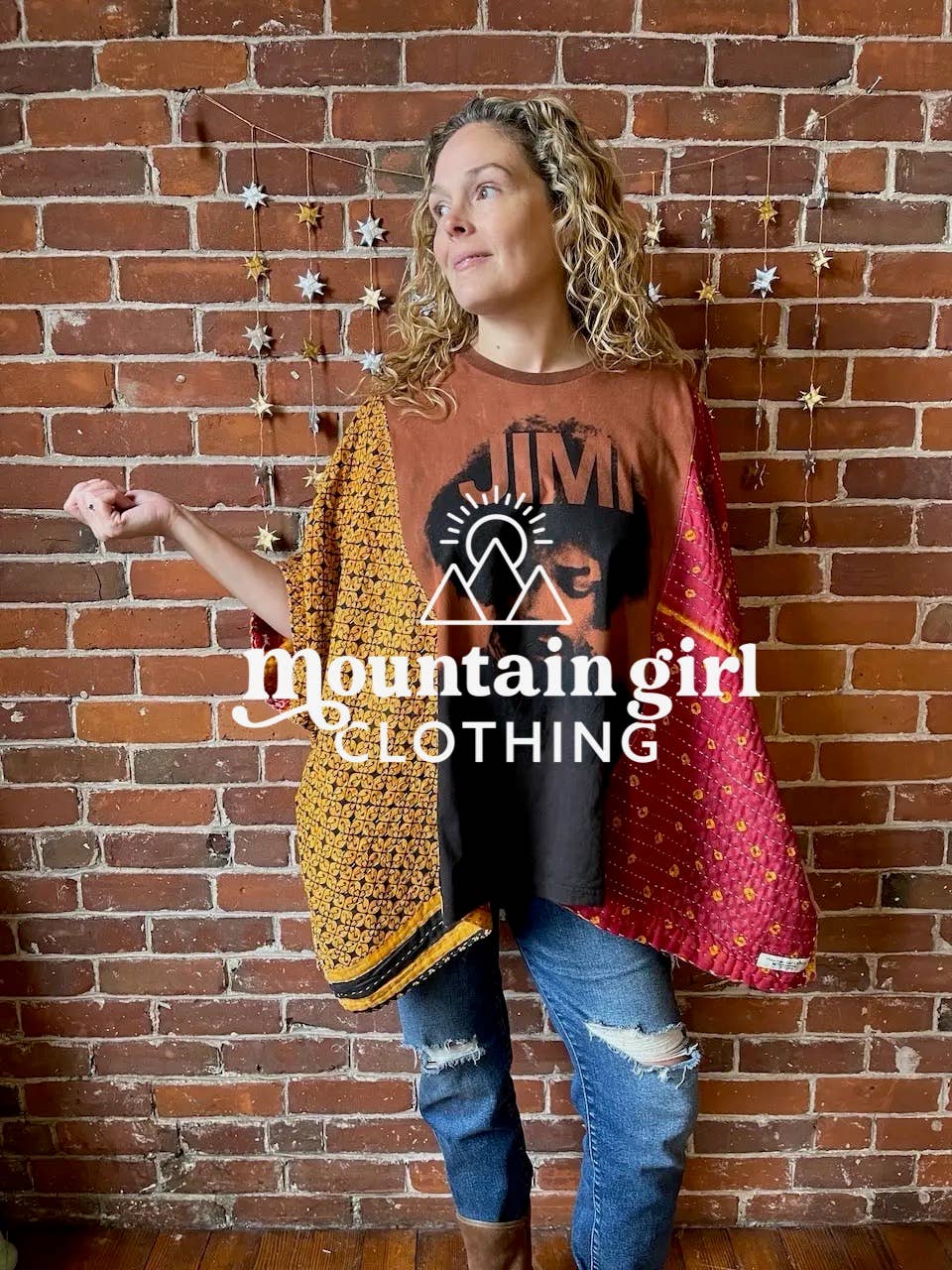 Upcycled Kantha Poncho Mix Of Band + Boho Graphic Tees