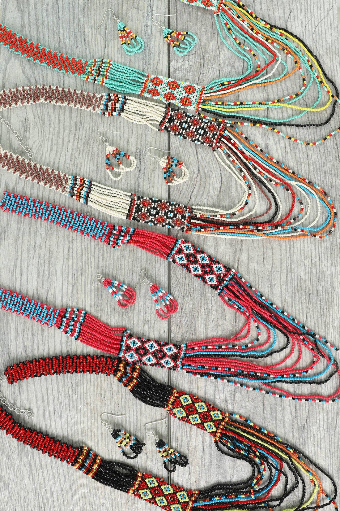 Native American Beaded Multi Strand Necklace Set: Black