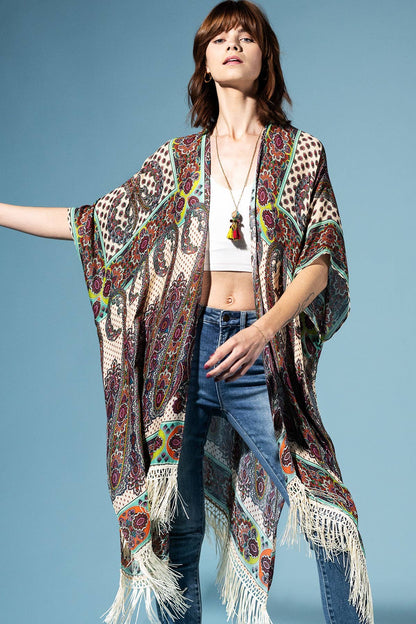 Verdant Terra Mosaic Fringe Kimono