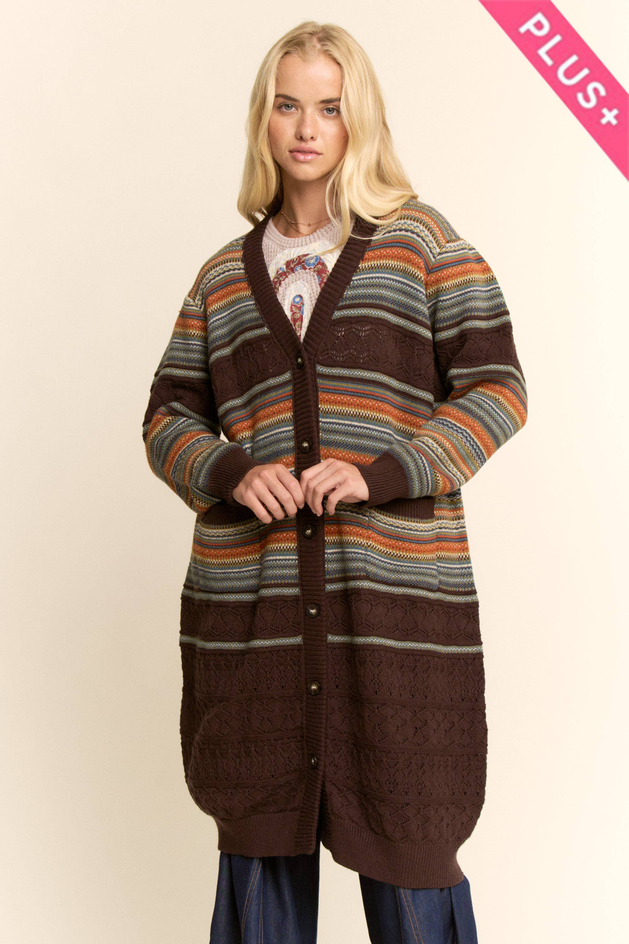 Striped Pointelle Knit Duster Cardigan