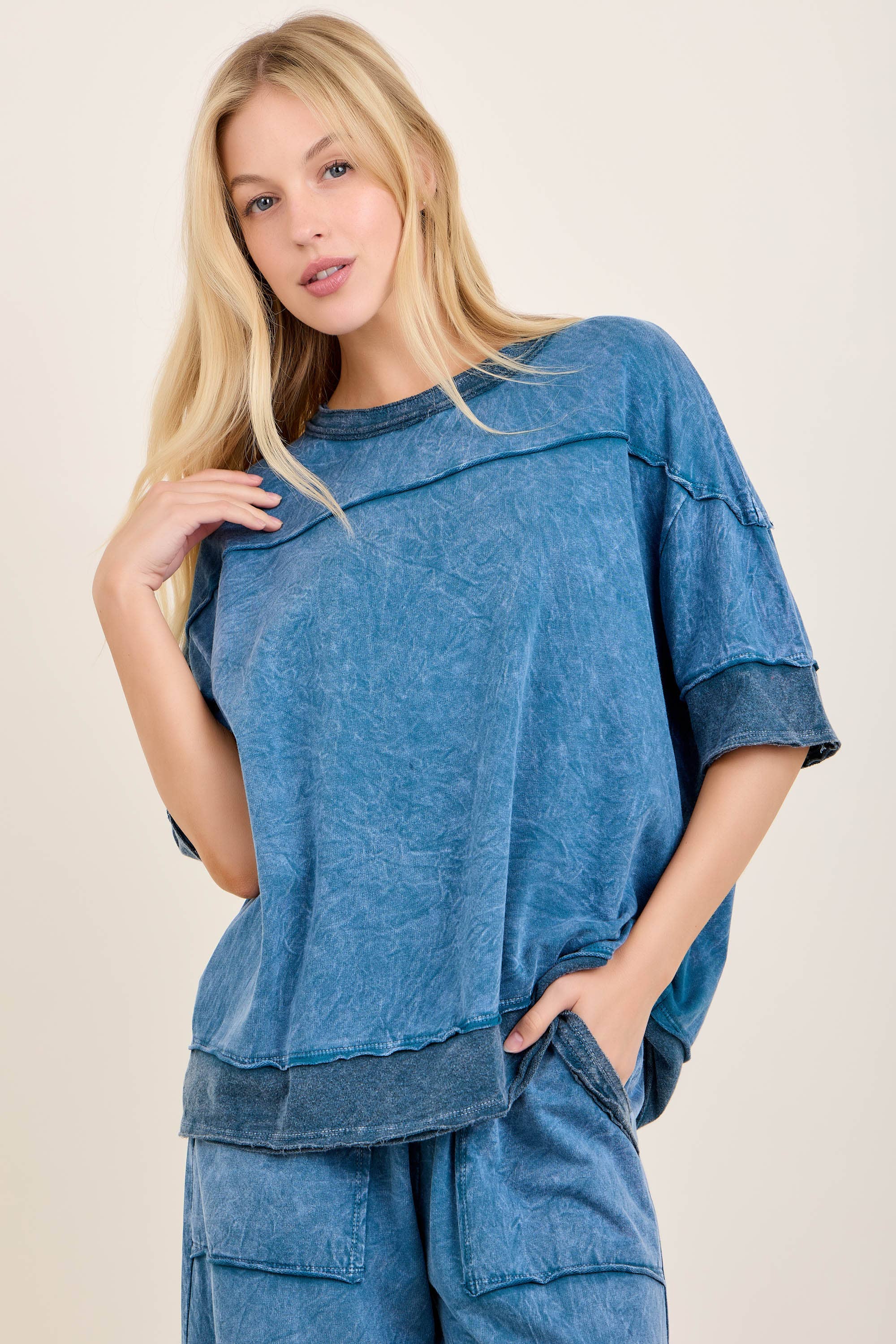 Mineral Washed Contrast Block Terry Top