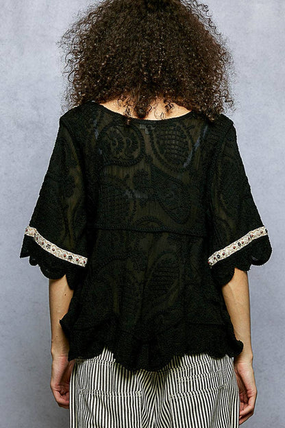 Short Sleeve Crochet V Neck Top