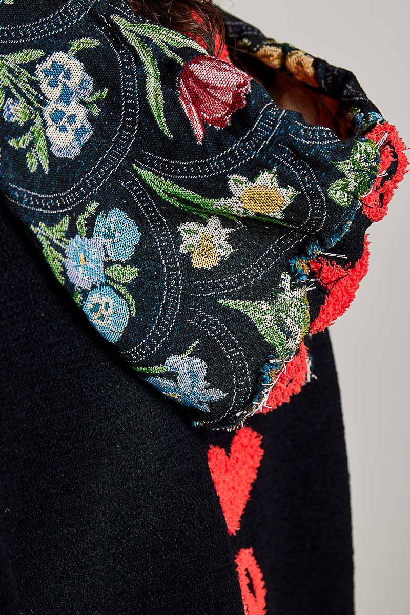 Checkerboard Floral Jacquard Knit Hoodie