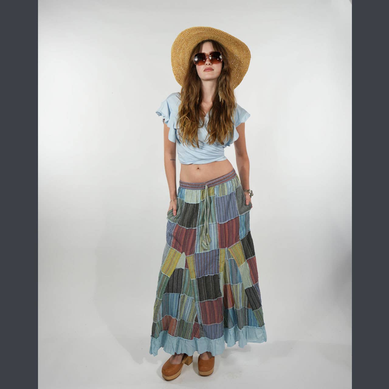 Patchwork Elastic Drawstring Waist Maxi Skirt