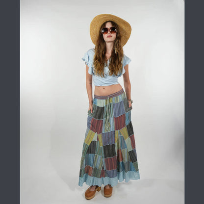 Patchwork Elastic Drawstring Waist Maxi Skirt