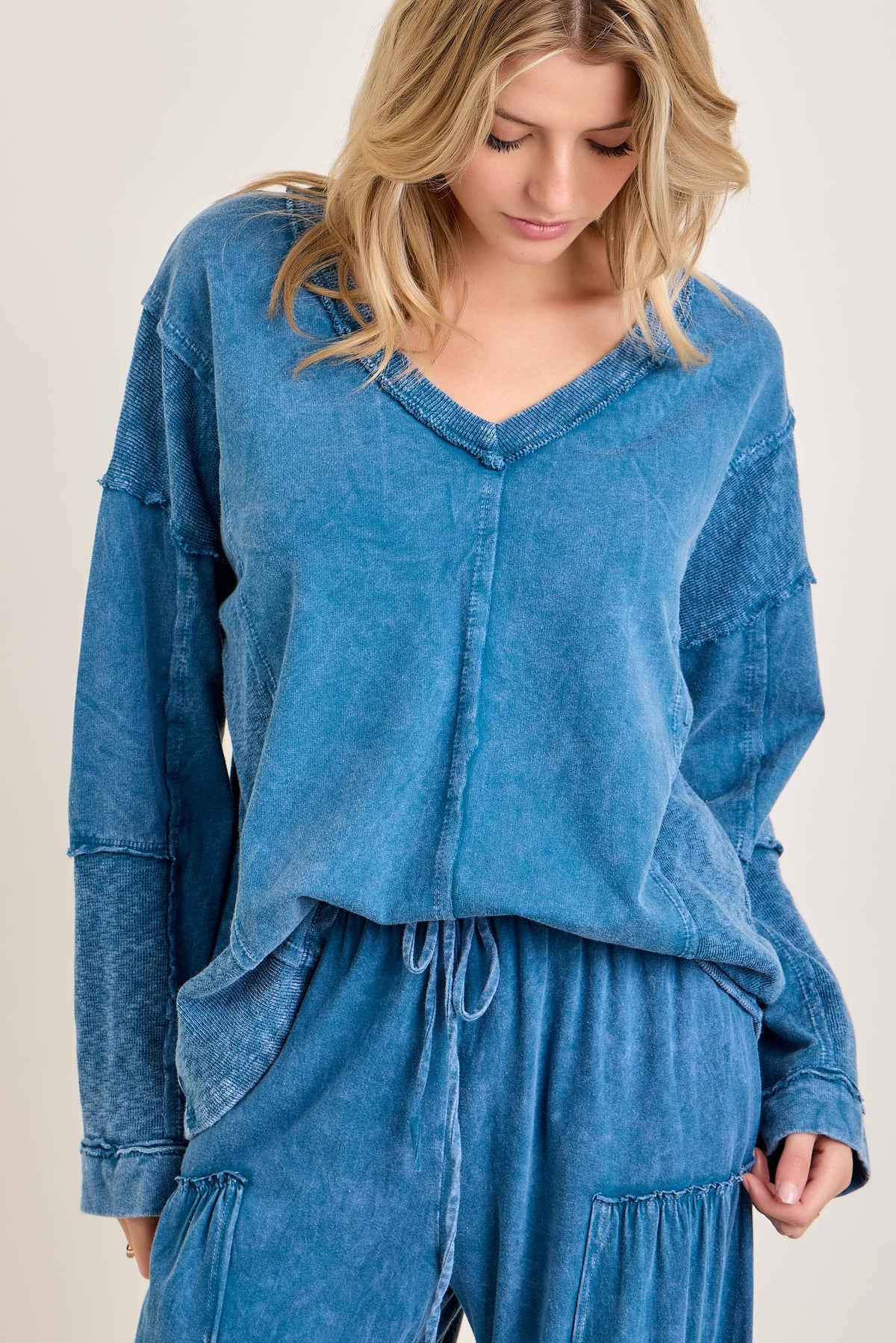 Mineral Washed Sweater Weather Vneck Knitted Top