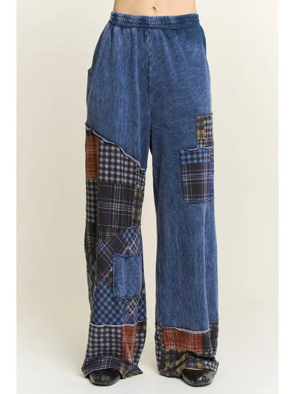Mineral Washed Boho Plaid Patchwork Wideleg Pants
