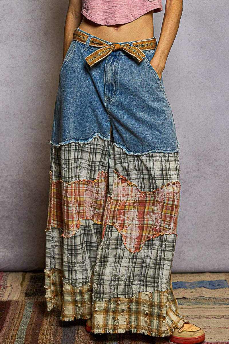 Patchwork Buckle Back Woven Pants